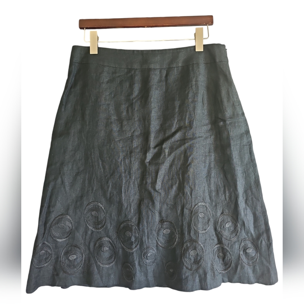 AGNONA Women's Linen Black Below Knee A‎ Line Embroidered Side Zip Skirt Size 44